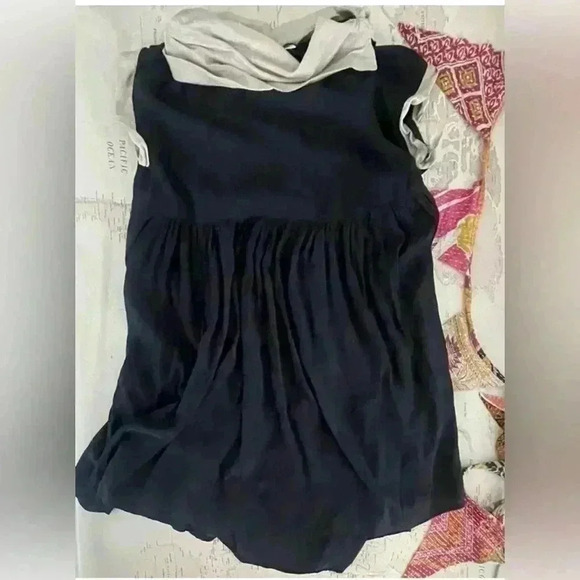 Luukaa Lightly Sheer High Low Tunic Dress Contrast High Collar Sleeve Black 6 - Picture 4 of 10